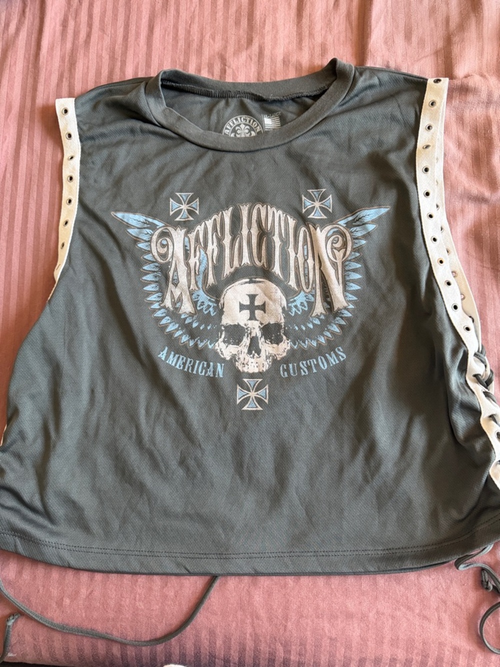 Affliction Gray Muscle Tee with Light Blue and White Graphic
